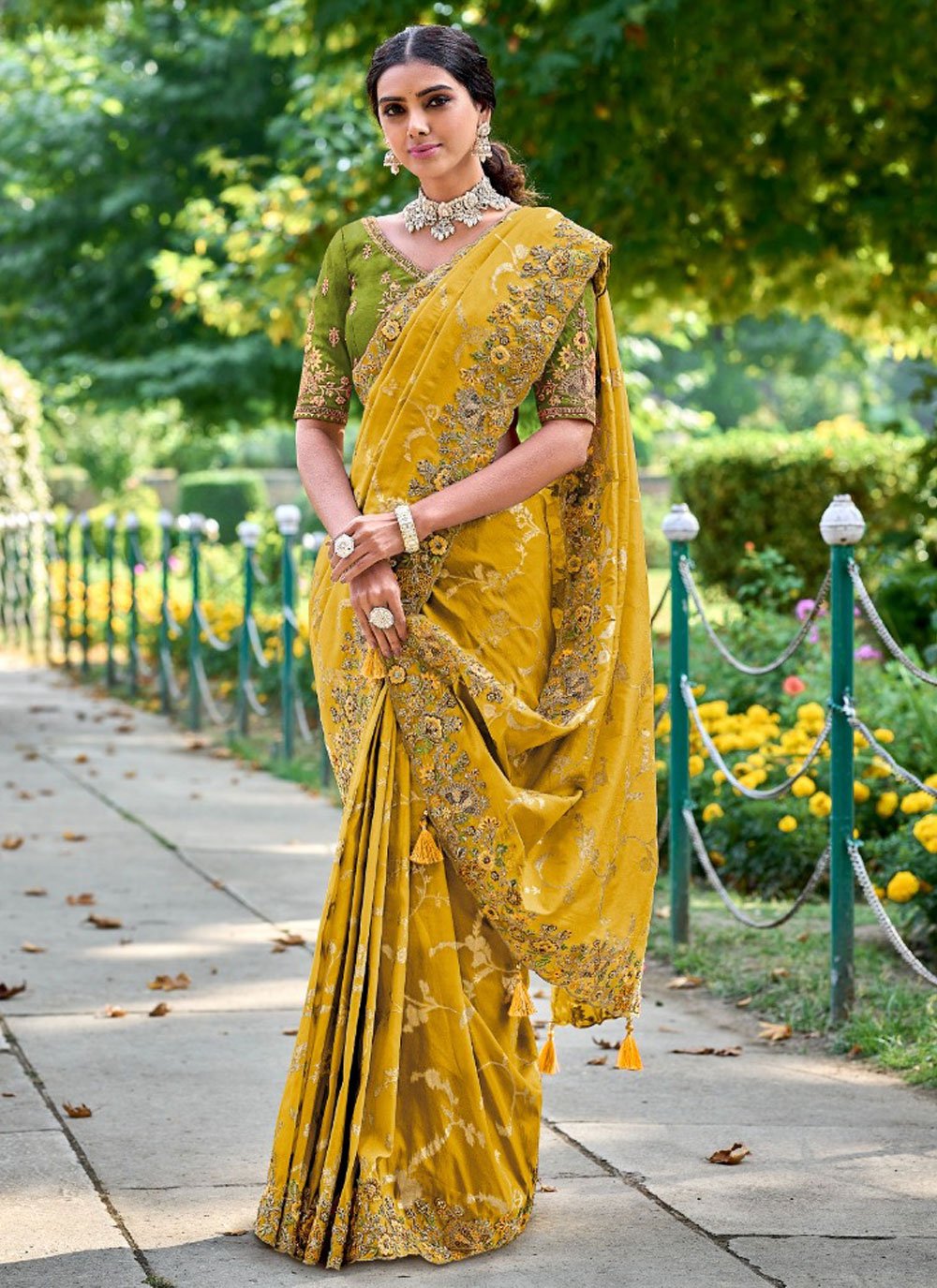 Designer Fashions Dori Embroidered Satin Silk Yellow Saree SARV145390