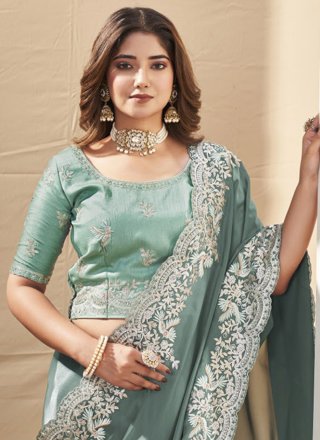 Fancy Fabric Contemporary Saree with Patch Border and Embroidered Work