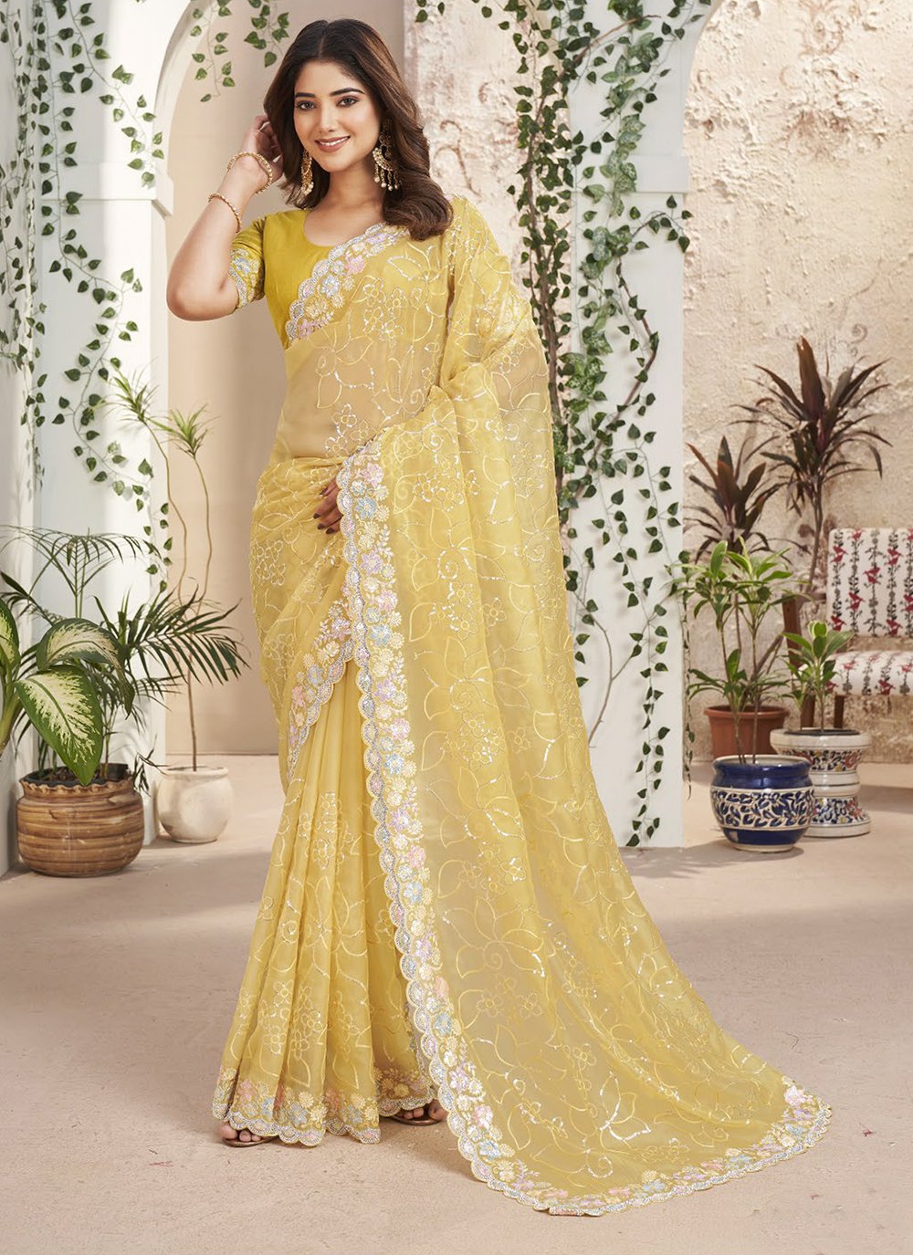 yellow embroidered drape saree – Kritika Kataria