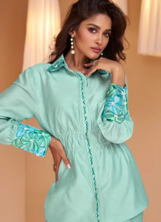 Fancy, Floral Patch and Moti Work Pure Silk Casual Kurti In Firozi