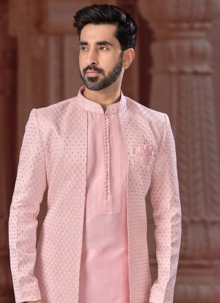 Fancy, Machine Embroidery and Thread Work Jacquard Indo Western Sherwani In Pink