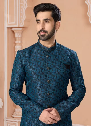 Fancy, Thread and Zari Work Jacquard Indo Western Sherwani In Black and Blue