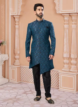 Fancy, Thread and Zari Work Jacquard Indo Western Sherwani In Black and Blue
