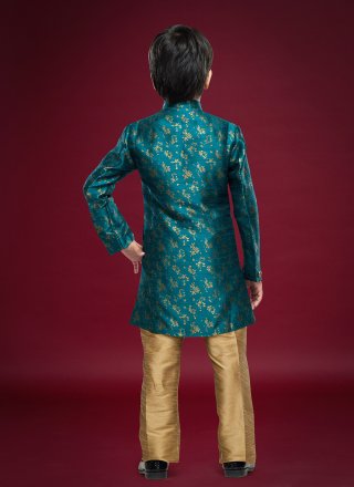 Fancy Work Banarasi Jacquard Sherwani Kids Wear In Teal for Ceremonial