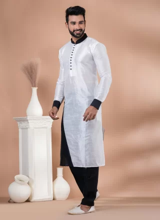 Fancy Work Banarasi Silk Kurta Pyjama In Black and White