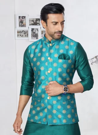 Fancy Work Banarasi Silk Nehru Jackets In Rama for Ceremonial