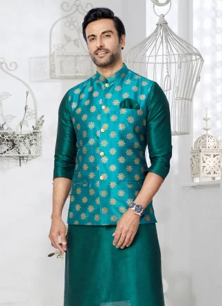 Fancy Work Banarasi Silk Nehru Jackets In Rama for Ceremonial
