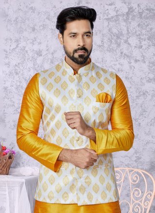 Fancy Work Banarasi Silk Nehru Jackets In White for Ceremonial