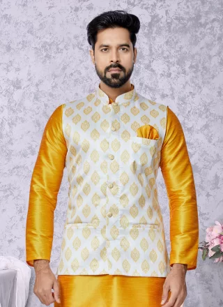 Fancy Work Banarasi Silk Nehru Jackets In White for Ceremonial