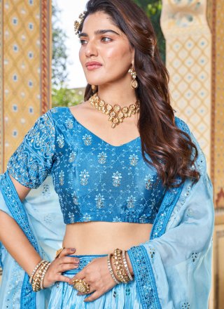 Fancy Work Chinon A - Line Lehenga Choli In Blue for Ceremonial