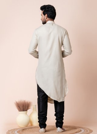 Fancy Work Cotton Kurta Pyjama In Cream