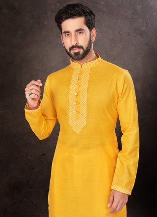 Fancy Work Cotton Kurta Pyjama In Yellow for Engagement