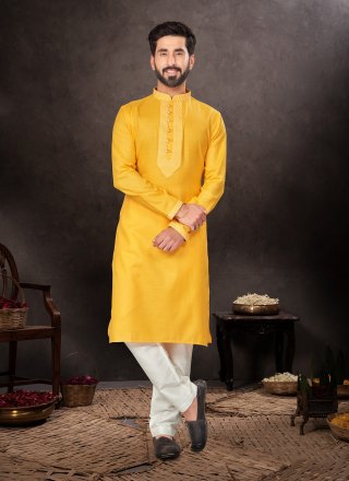 Fancy Work Cotton Kurta Pyjama In Yellow for Engagement