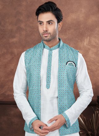 Fancy Work Dupion Silk Kurta Payjama with Jacket In Firozi and White