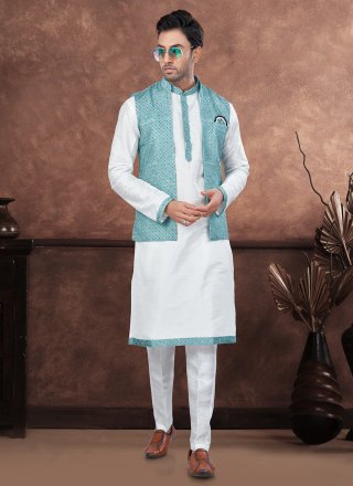 Fancy Work Dupion Silk Kurta Payjama with Jacket In Firozi and White