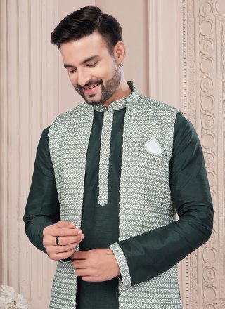 Fancy Work Dupion Silk Kurta Payjama with Jacket In Green for Ceremonial