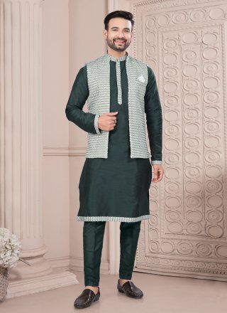 Fancy Work Dupion Silk Kurta Payjama with Jacket In Green for Ceremonial