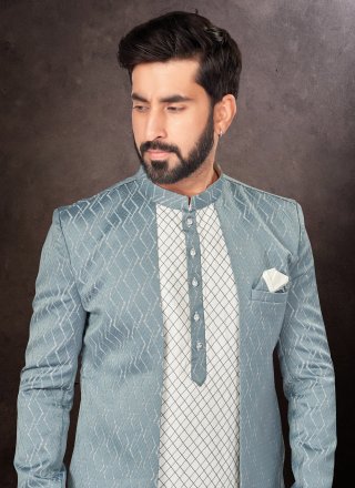 Fancy Work Jacquard Indo Western In Blue and White for Festival