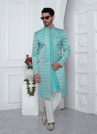 Fancy Work Jacquard Silk Indo Western In Aqua Blue