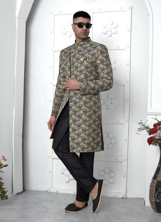 Fancy Work Jacquard Silk Indo Western In Black