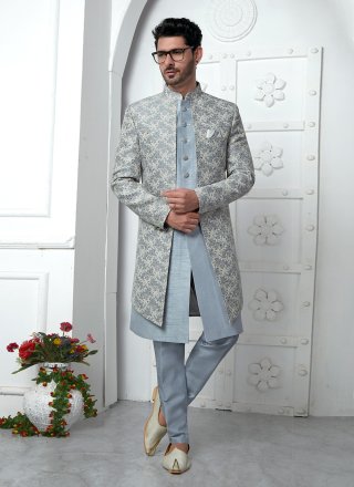 Fancy Work Jacquard Silk Indo Western In Grey