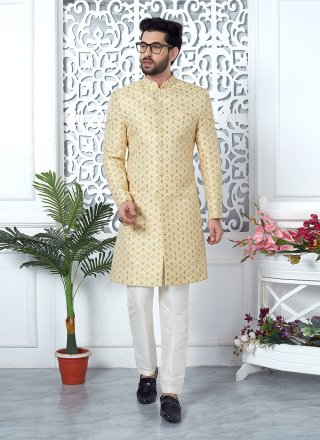 Fancy Work Jacquard Silk Indo Western In Yellow for Ceremonial