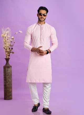 Fancy Work Jacquard Silk Kurta Pyjama In Pink