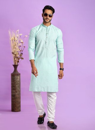 Fancy Work Jacquard Silk Kurta Pyjama In Turquoise for Engagement