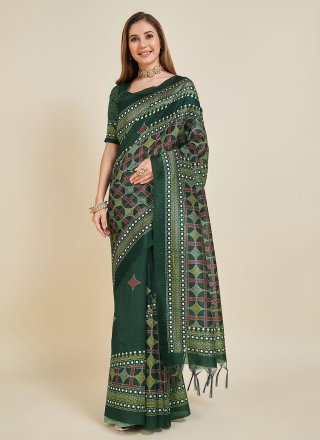 Fancy Work Silk Casual Sari In Green for Casual