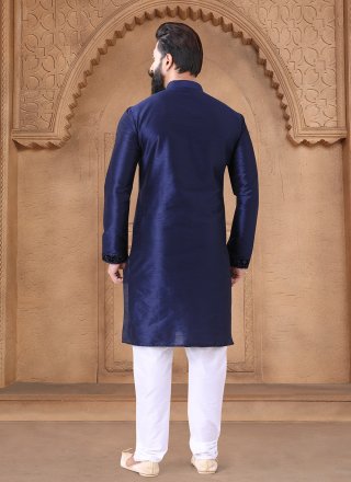 Fancy Work Silk Kurta Pyjama In Blue