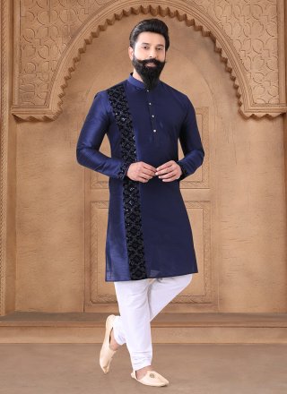 Fancy Work Silk Kurta Pyjama In Blue