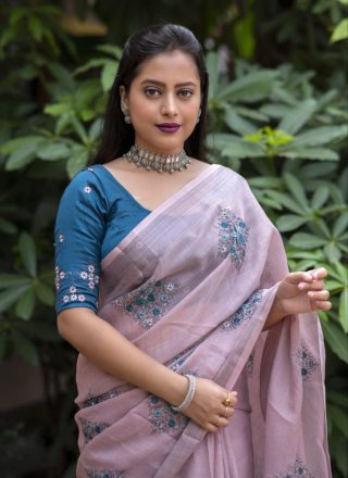 Fantastic Purple Linen Classic Saree with Print Work