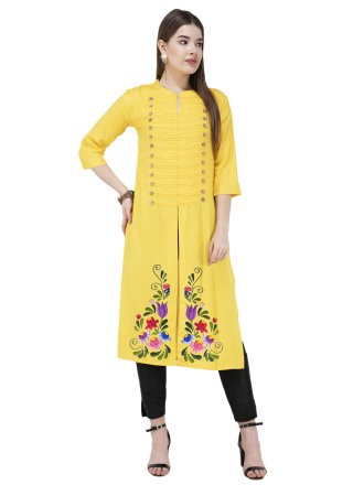 Fantastic Yellow Blended Cotton Party Wear Kurti with Embroidered Work