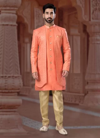 Fascinating Peach Banglori Silk Indo Western Sherwani with Embroidered, Sequins and Thread Work