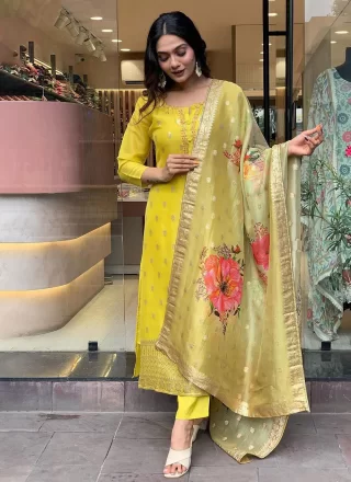 Fascinating Yellow Organza Readymade Salwar Suit with Embroidered and Weaving Work