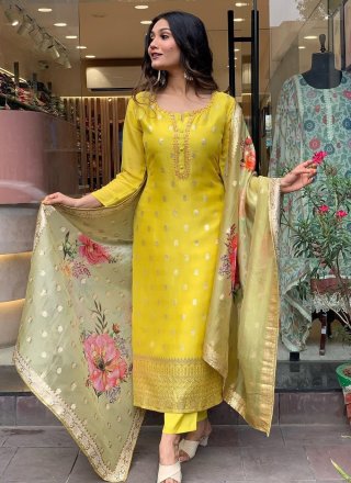 Fascinating Yellow Organza Readymade Salwar Suit with Embroidered and Weaving Work