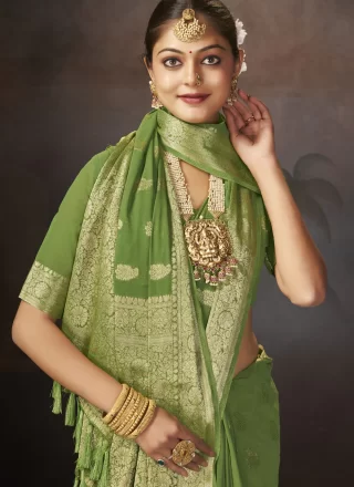 Faux Georgette Classic Sari In Green