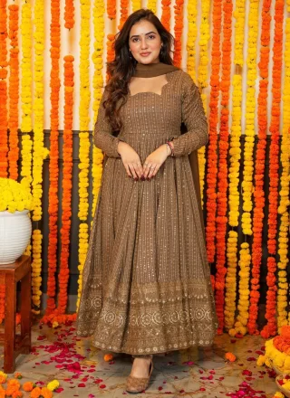 Faux Georgette  Designer Gown In Brown