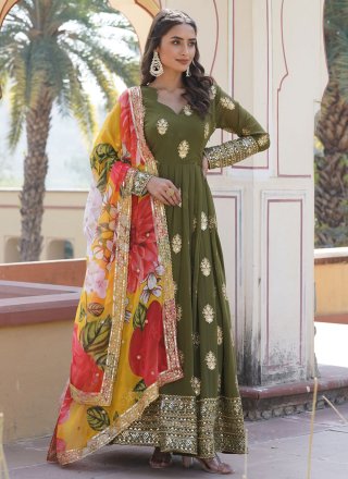 Faux Georgette  Designer Gown In Green
