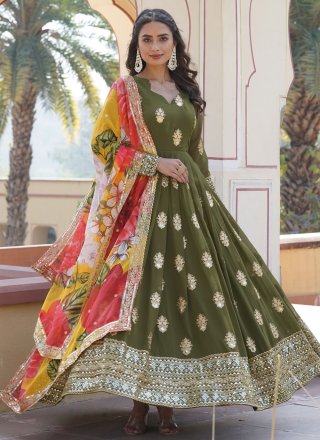 Faux Georgette  Designer Gown In Green