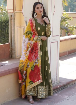 Faux Georgette  Designer Gown In Green
