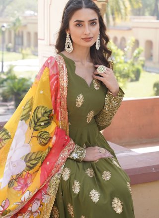 Faux Georgette  Designer Gown In Green