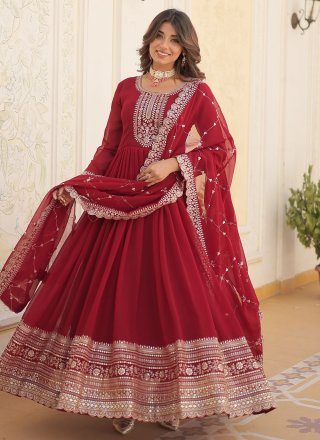 Faux Georgette  Designer Gown In Maroon