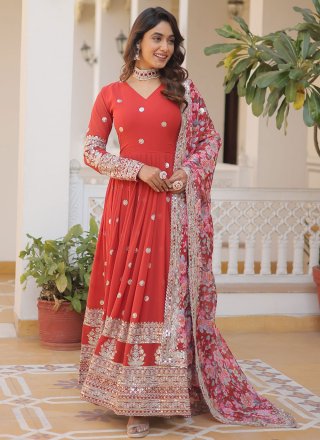 Faux Georgette  Designer Gown In Red