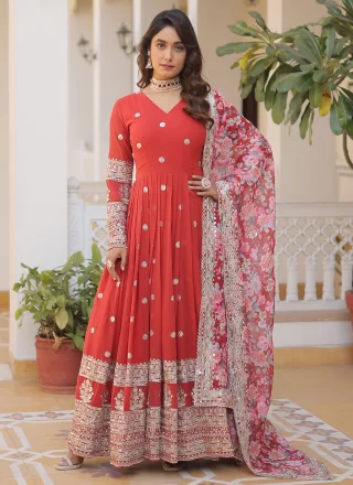 Faux Georgette  Designer Gown In Red