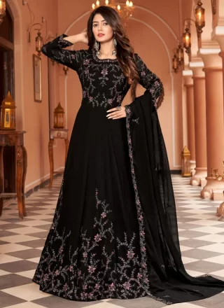 Radiant Black Colored Party Wear Embroidered Silk Anarkali Long Gown
