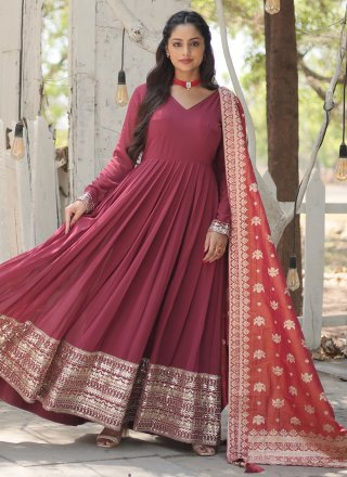Faux Georgette Gown In Hot Pink