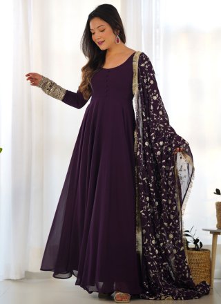 Faux Georgette Readymade Salwar Suit with Embroidered, Plain, Sequins and Zari Work