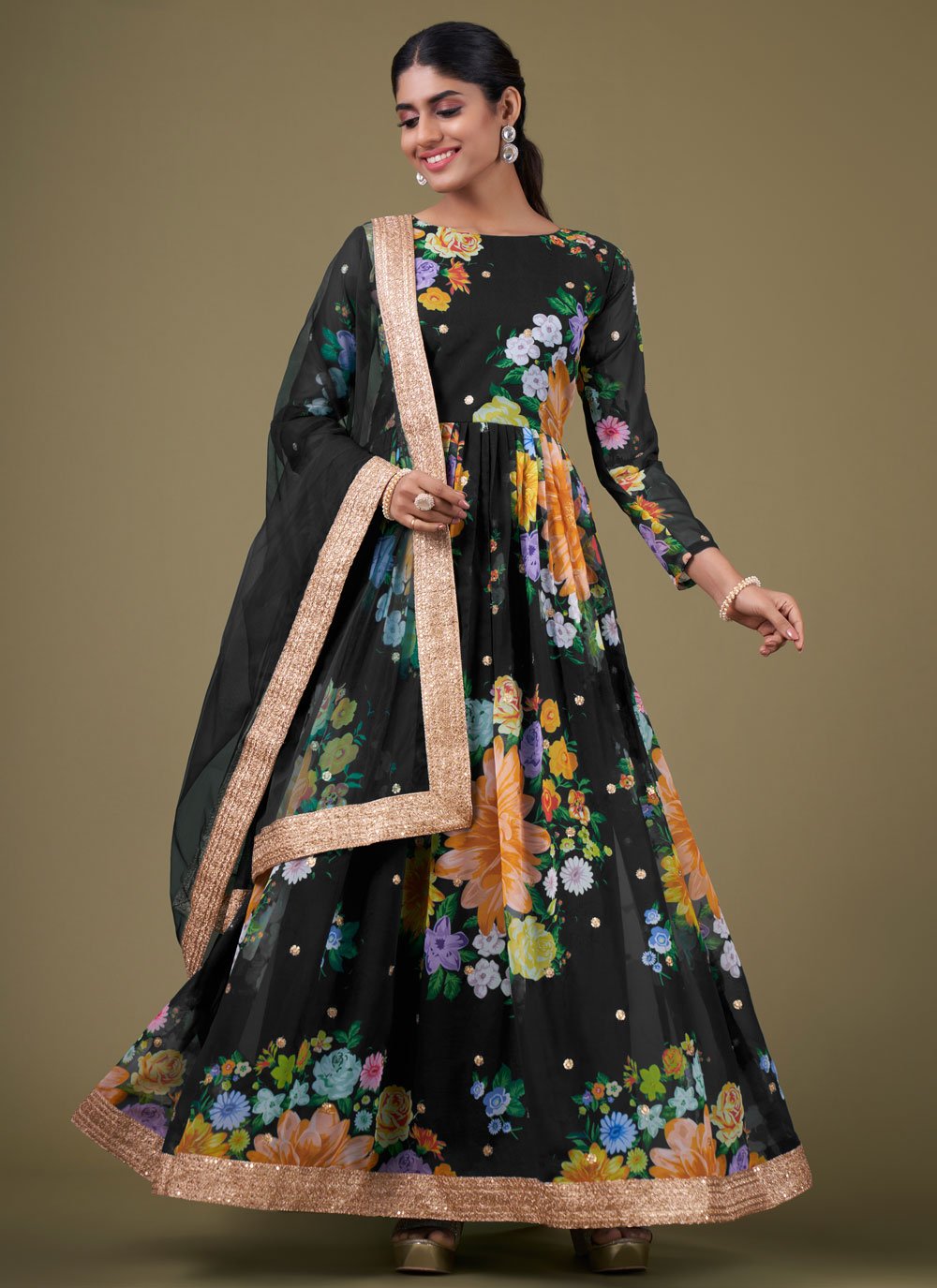 Anarkali Suit Online  Buy Black floral printed anarkali suit