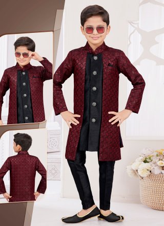 Fetching Black and Maroon Banarasi Silk Sherwani Kids Wear
